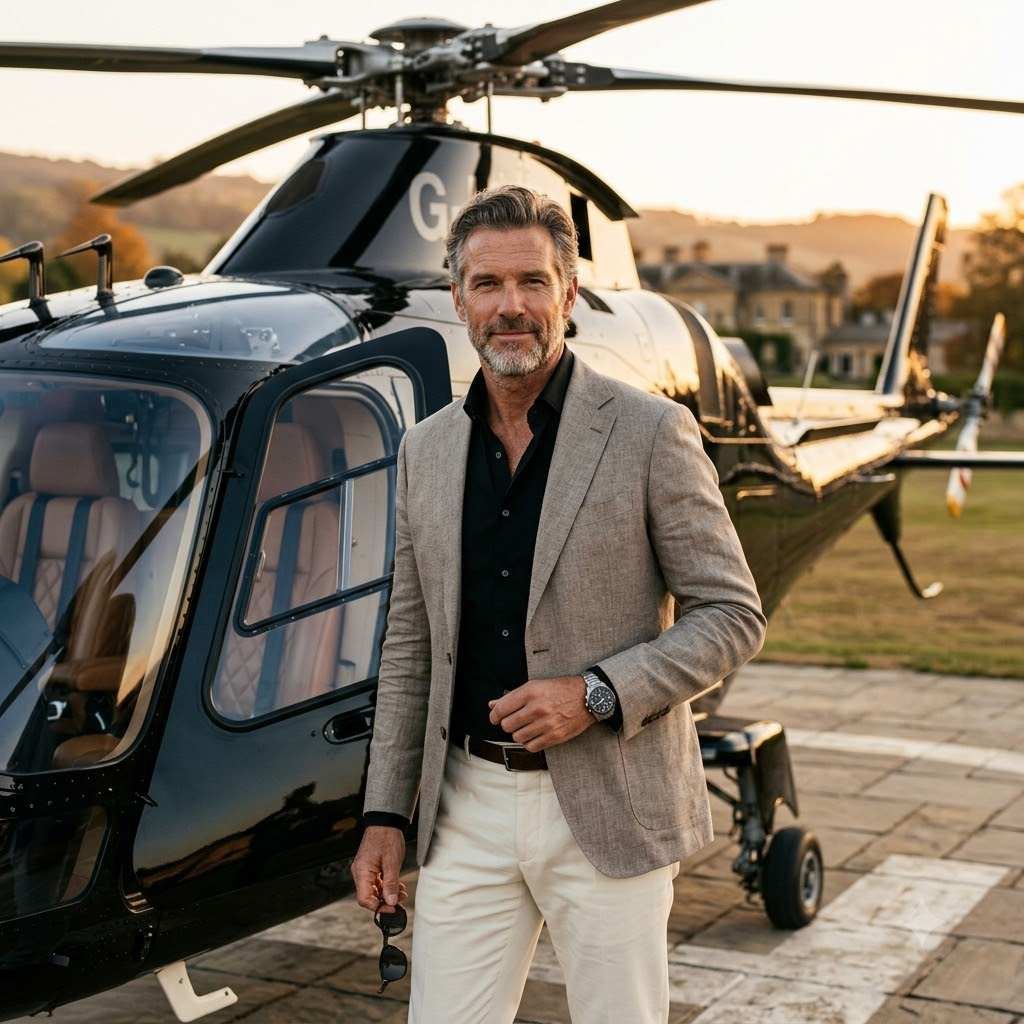 Luxury Gentleman Beside Private Helicopter