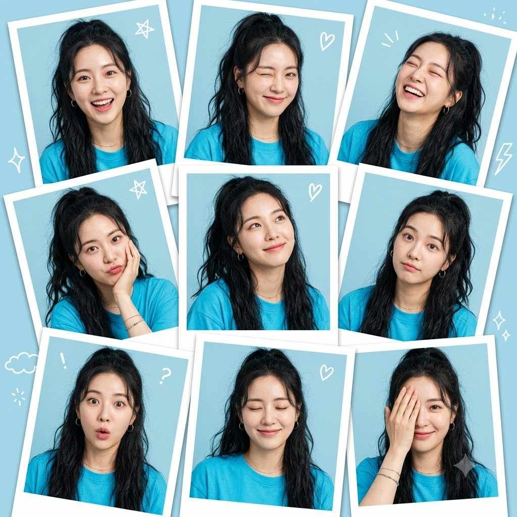 Nano Banana Prompt – Cute Blue Girl Expression Collage