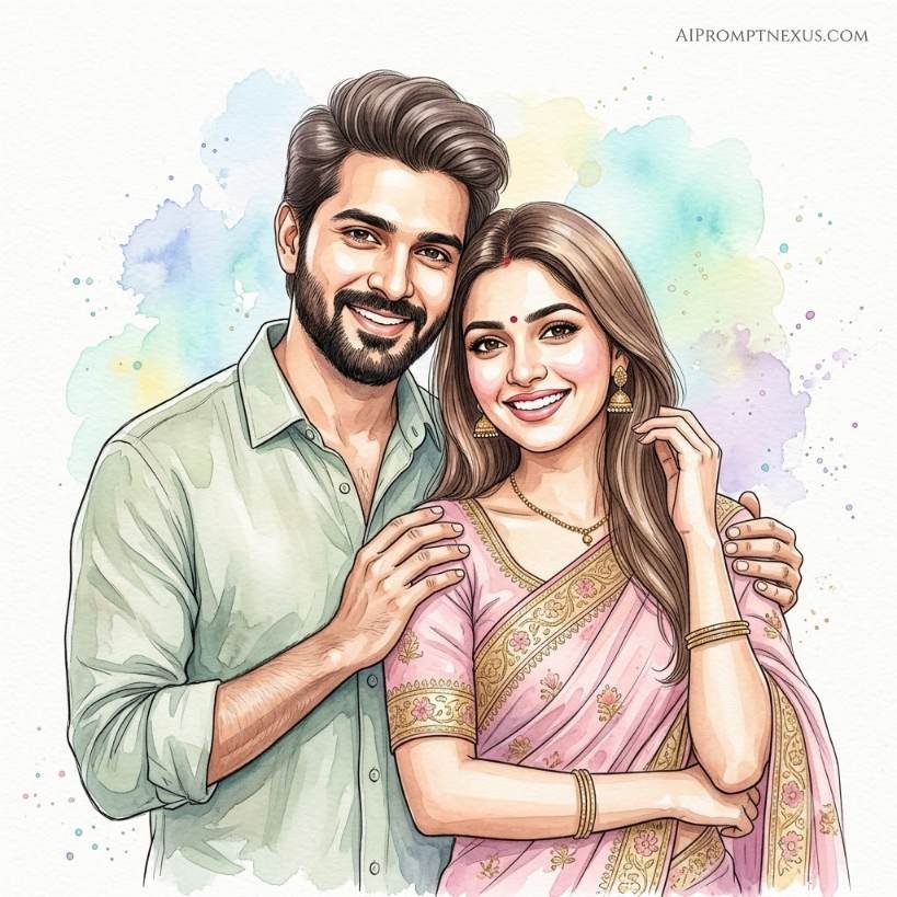 Eternal Together — Romantic Indian Watercolor Couple Portrait