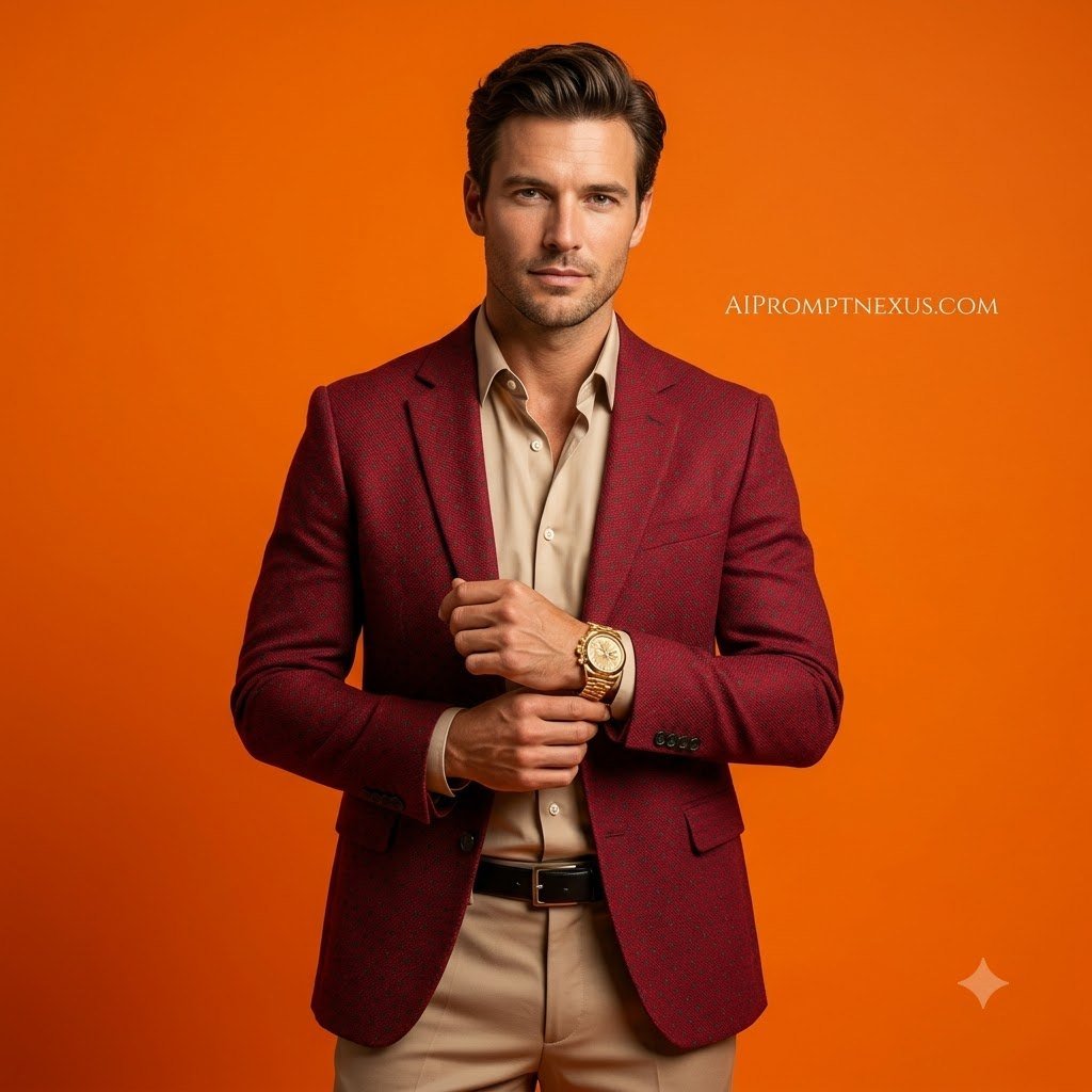 Crimson & Champagne — Luxury Men's Fashion Campaign Portrait