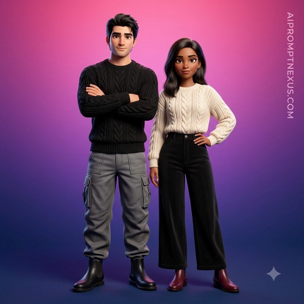 Stylish 3D Animated Couple Portrait | Premium Pixar-Inspired Fashion Render