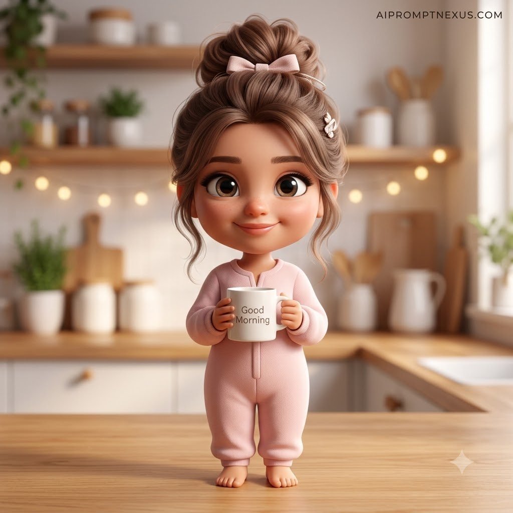 Adorable Good Morning Chibi Character | Cozy Pixar-Style 3D Kitchen Scene