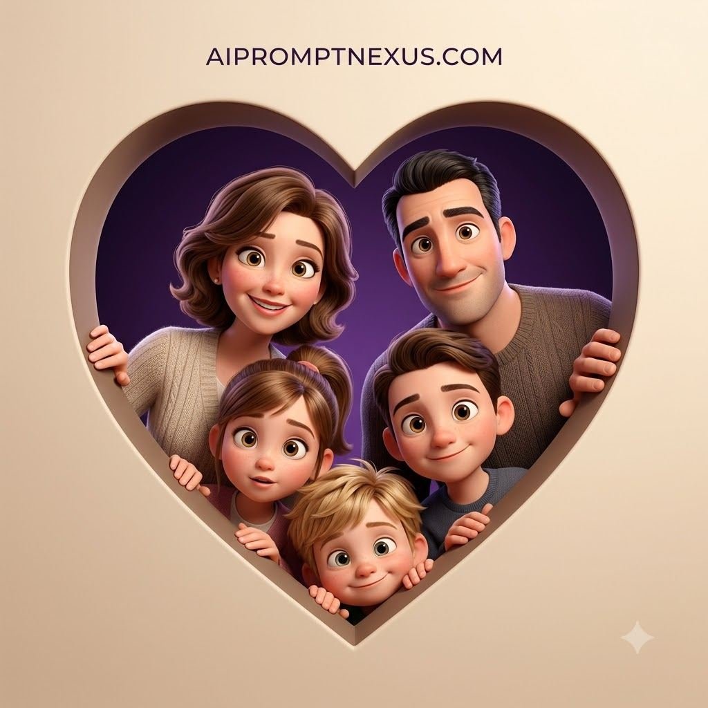 3D Pixar-Style Family Heart Portrait Prompt | Cute AI Family Photo Generator