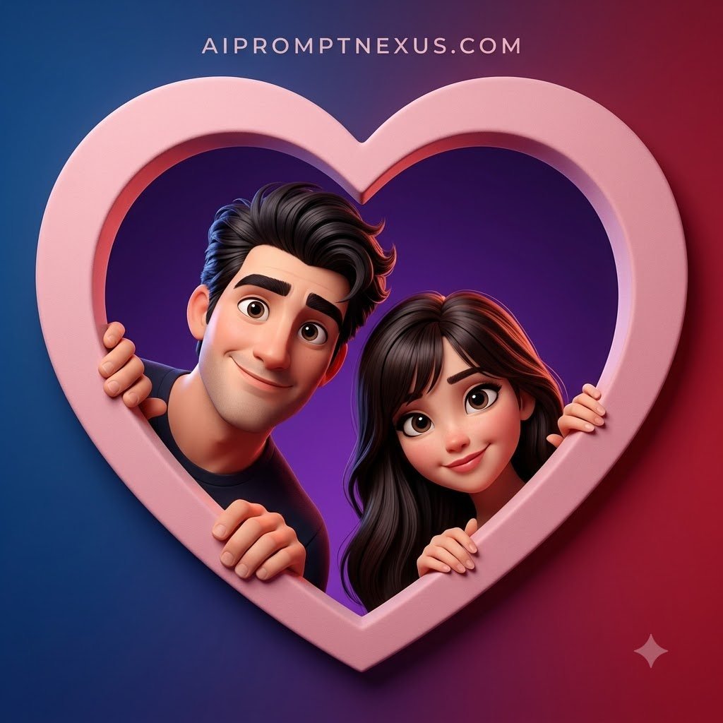 3D Pixar-Style Couple Heart Frame Portrait Prompt | Cute Romantic AI Cartoon