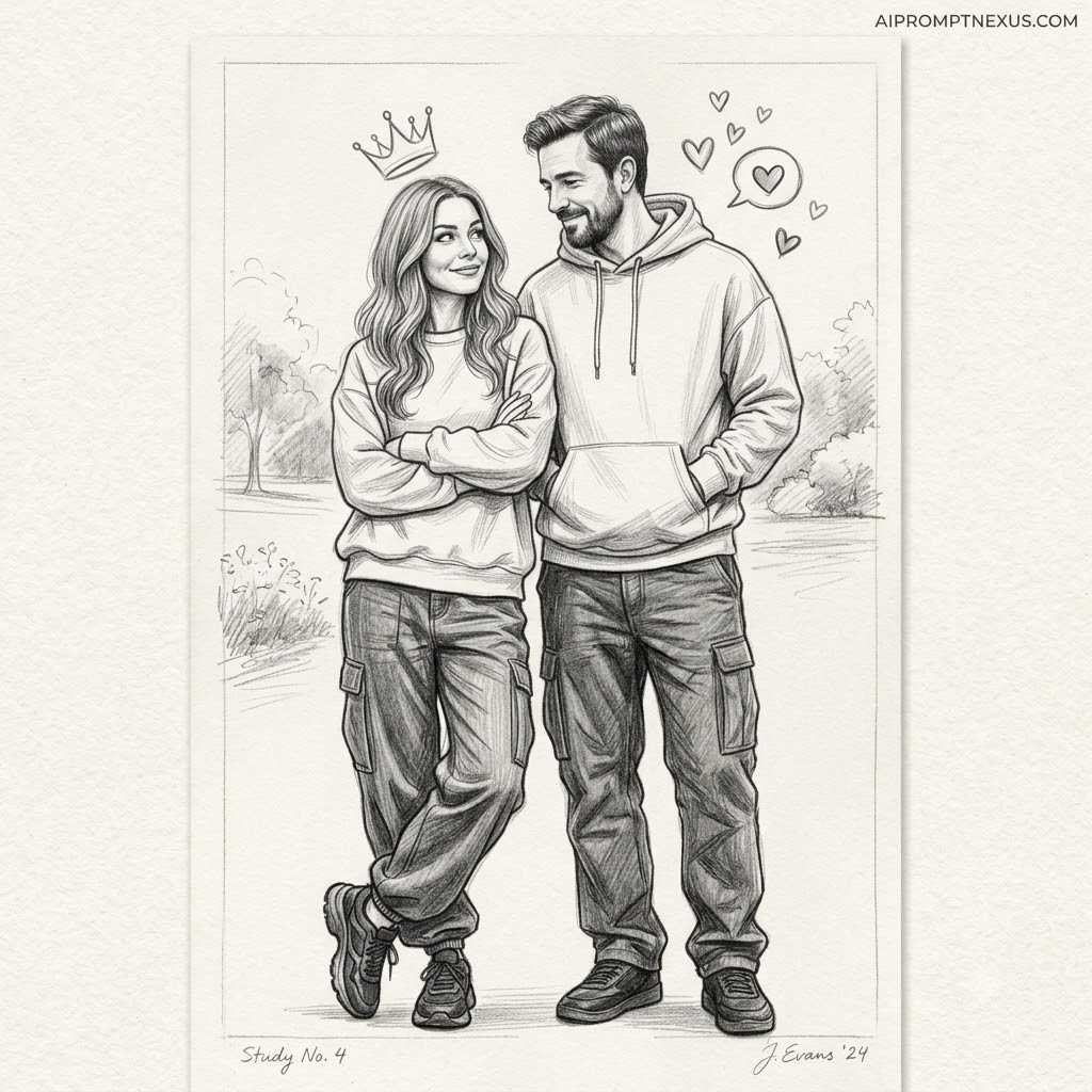 Playful Romantic Couple Graphite Pencil Sketch | Ultra-Realistic Hand-Drawn Portrait