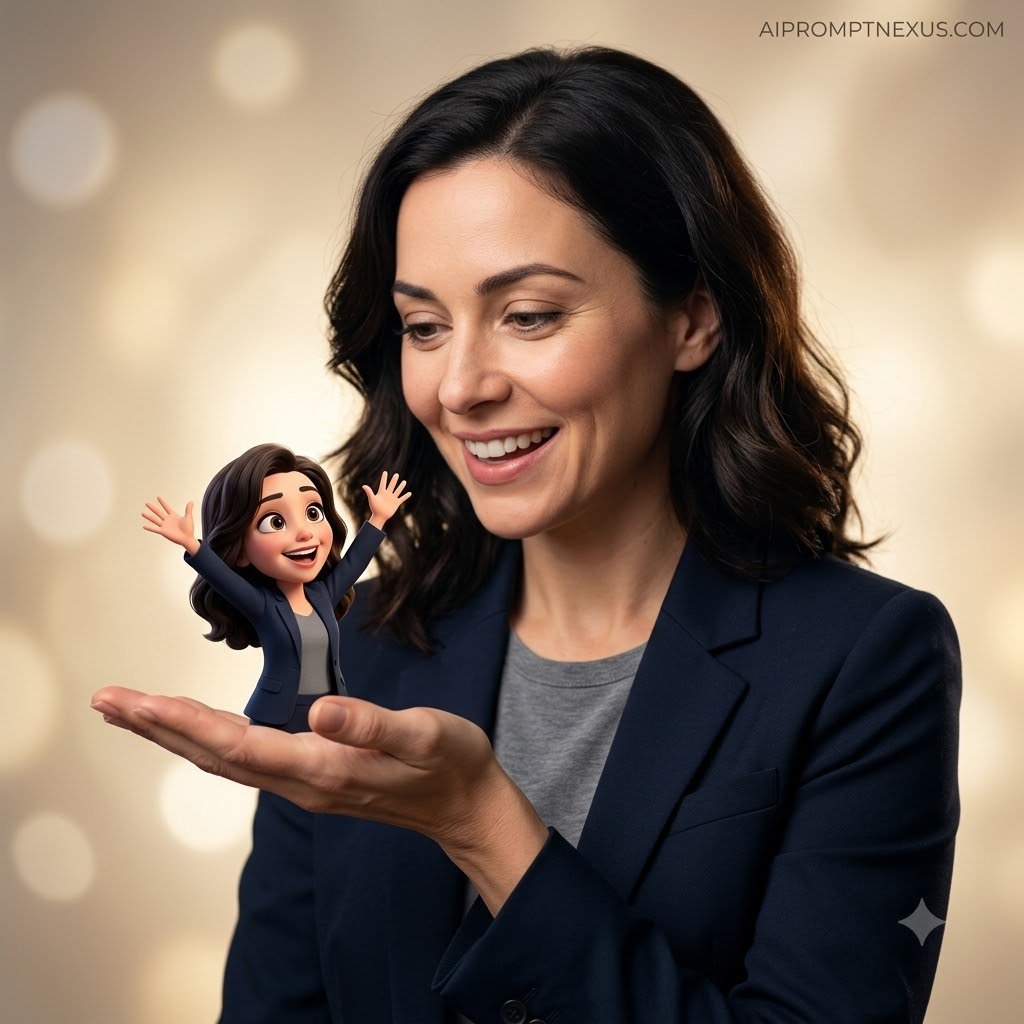 Real Person Holding Miniature 3D Cartoon Self | Cinematic Pixar-Style Portrait