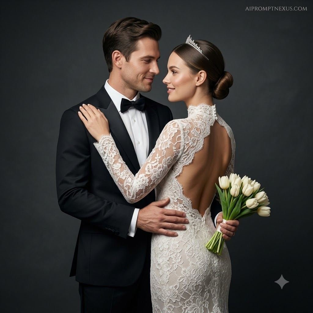 Luxury Romantic Wedding Couple Portrait | Cinematic Bridal Editorial Photography Prompt