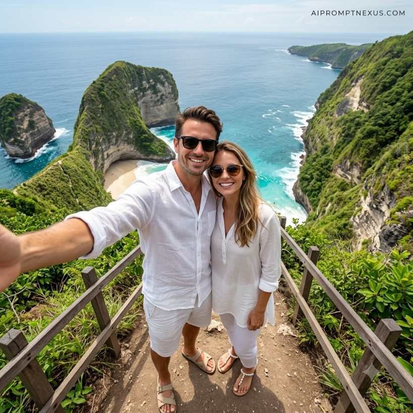 Bali Adventure Selfie at Kelingking Beach | Ultra-Realistic Couple Travel Photo Prompt