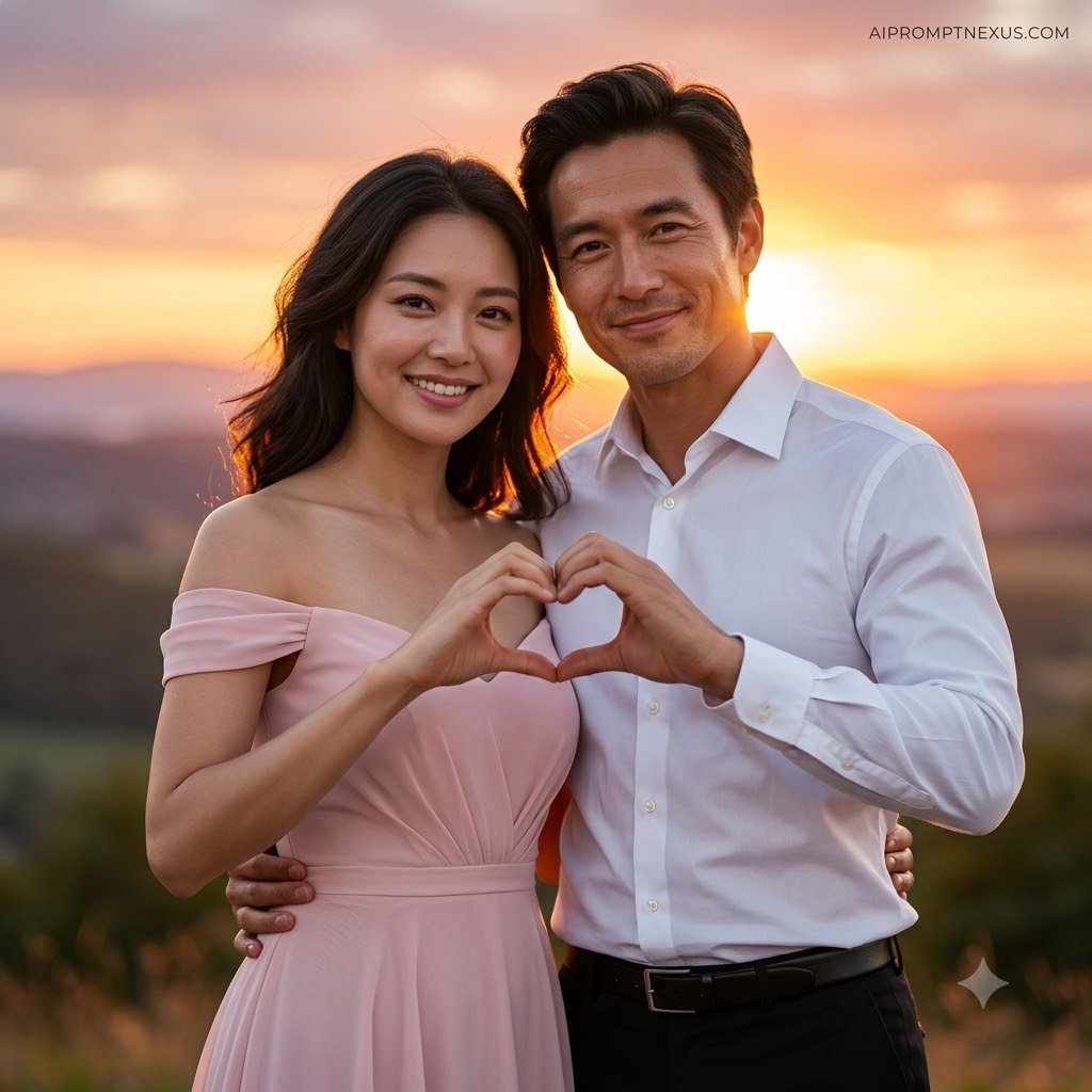 Golden Hour Heart Pose Couple Portrait | Cinematic Romantic Photography Prompt