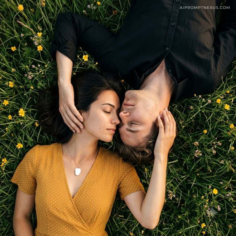 Romantic Meadow Head-to-Head Couple Portrait | Cinematic Overhead Photography Prompt