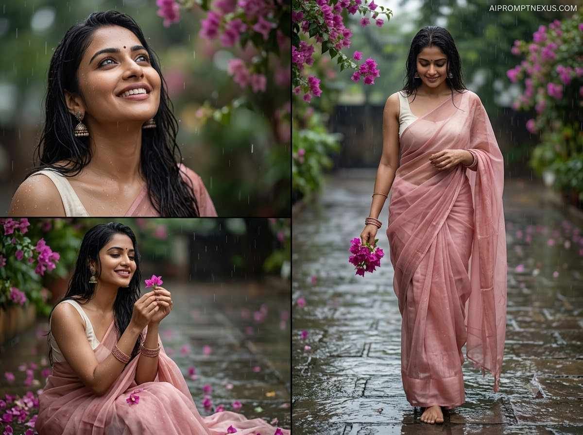 Monsoon Blossom — Dreamy Pink Saree Rain Portrait