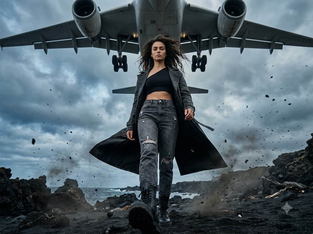 Epic Airplane Low Angle Fashion AI Photo Prompt | Cinematic Rebel Woman Portrait