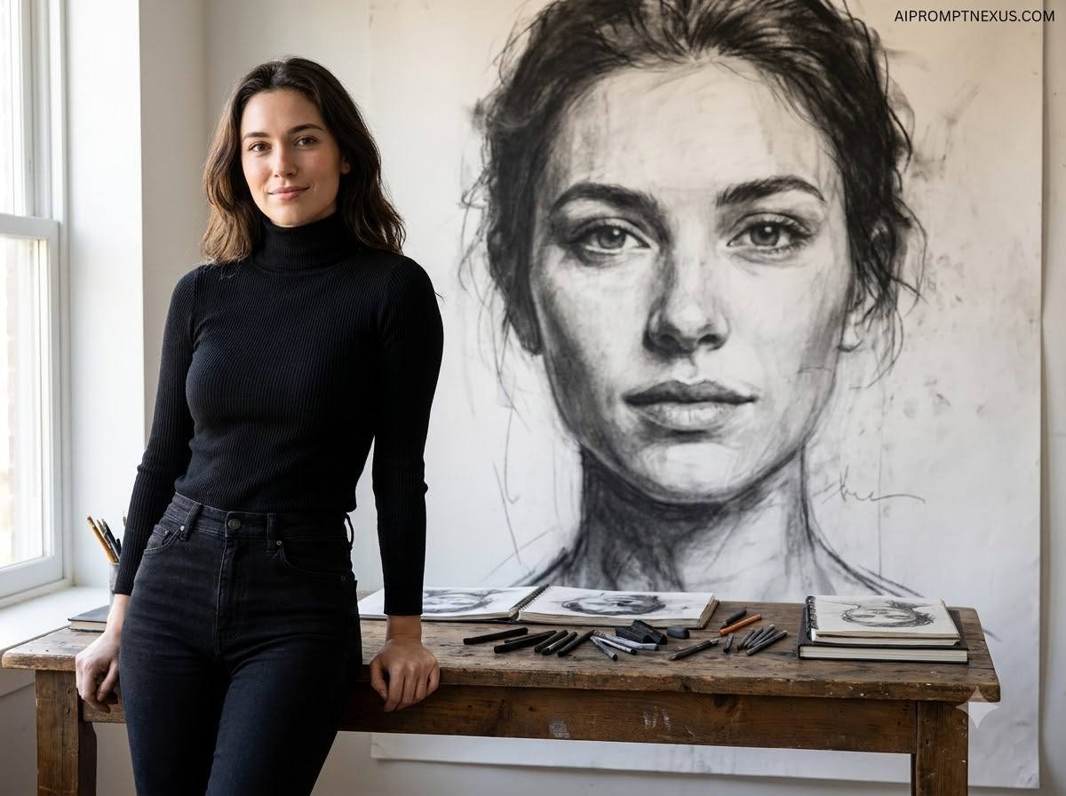 Artist & Artwork Illusion Portrait AI Prompt | Luxury Fine Art Studio Editorial