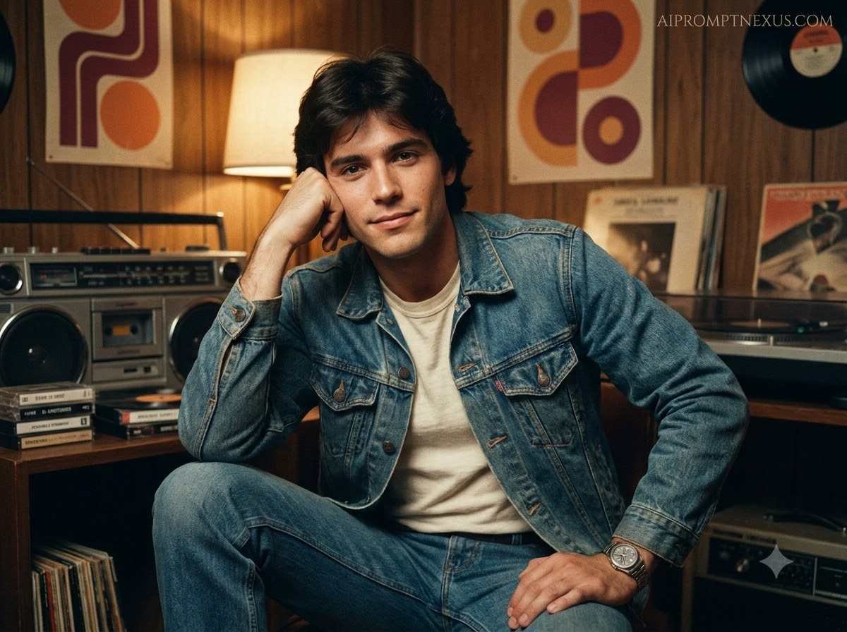 Vintage Denim Heartthrob Portrait | 1980s Retro Editorial AI Photo Prompt