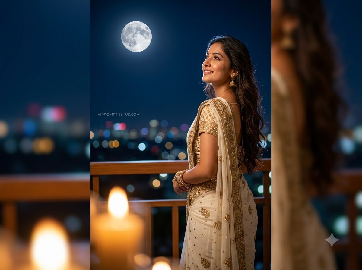 Moonlit Grace — Luxury Saree Night Portrait